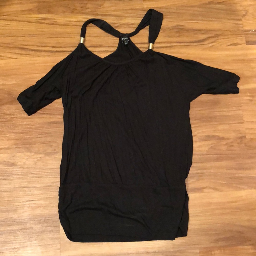 Express black cold shoulder tank with gold accents